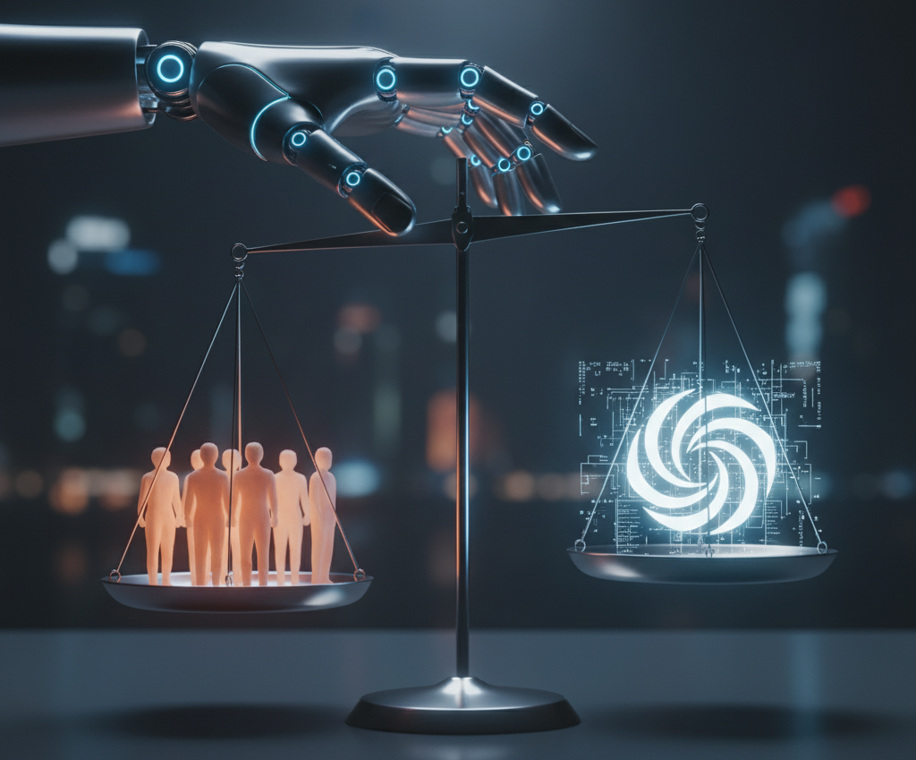 Mano robotica che regge una bilancia tra umanità e intelligenza artificiale