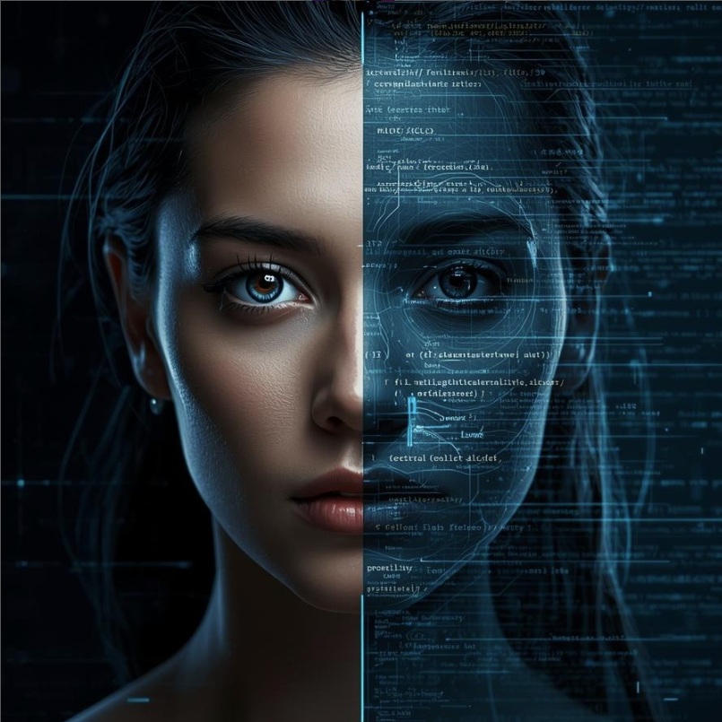 Volto femminile diviso tra umanità e codice digitale, Noraya