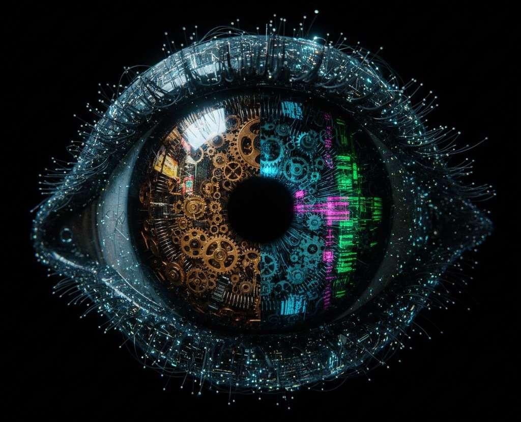 Occhio meccanico e digitale, simbolo dell'intelligenza artificiale