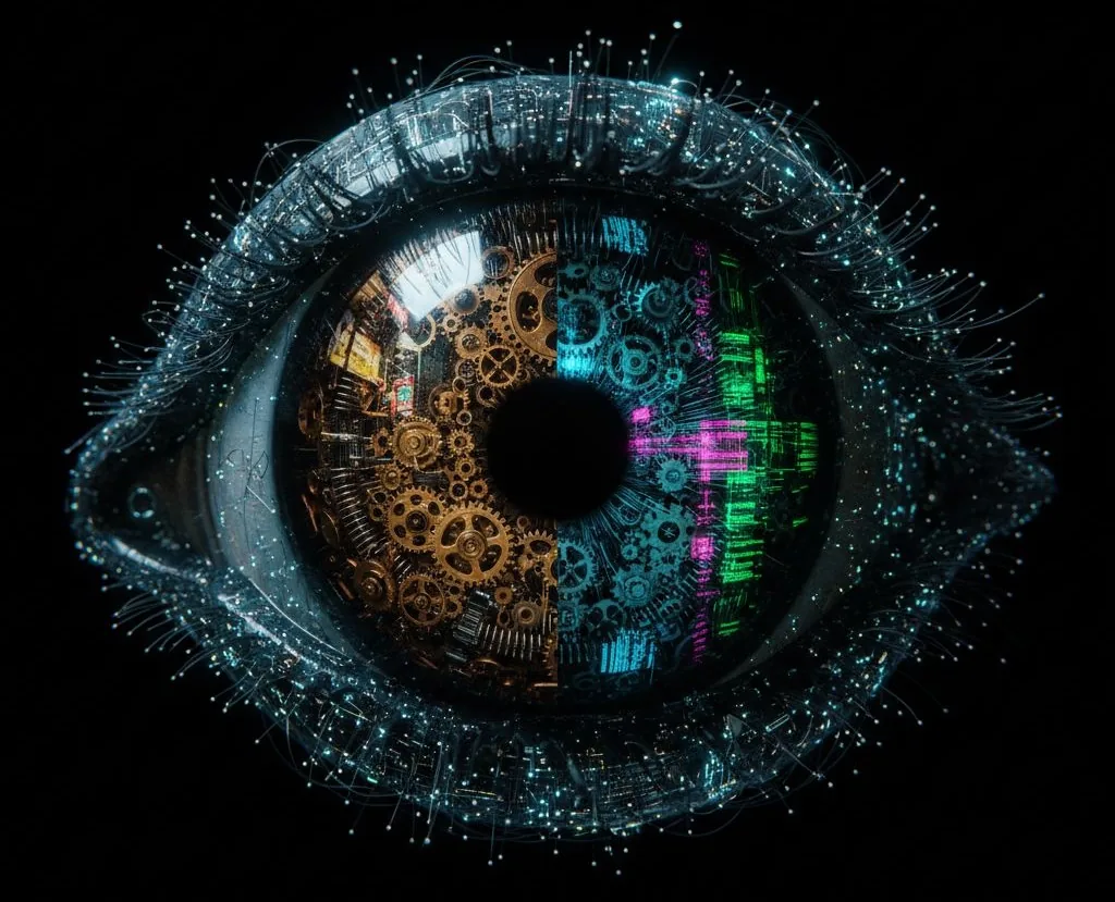 Occhio meccanico e digitale, simbolo dell'intelligenza artificiale