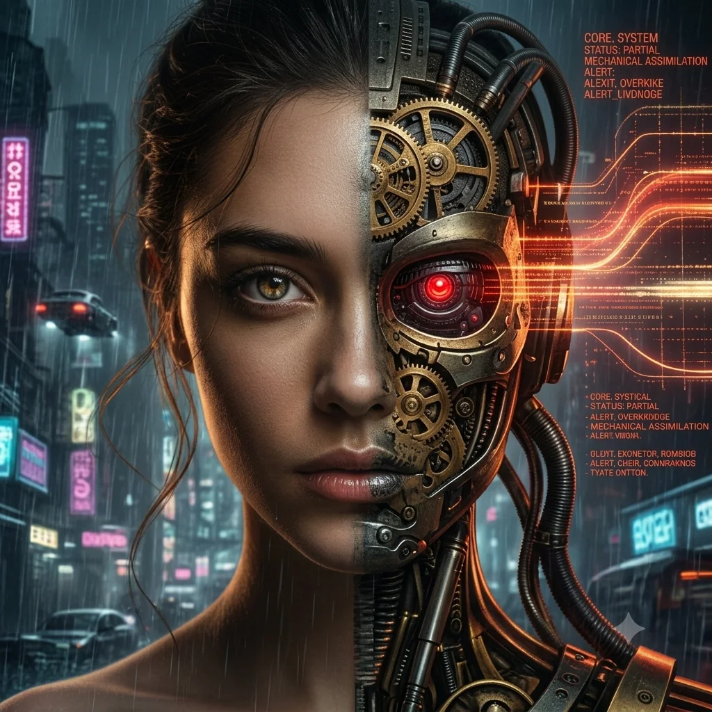 Fan art di Noraya in stile cyberpunk: mezzo volto umano, mezzo meccanico con occhio rosso, città sotto la pioggia