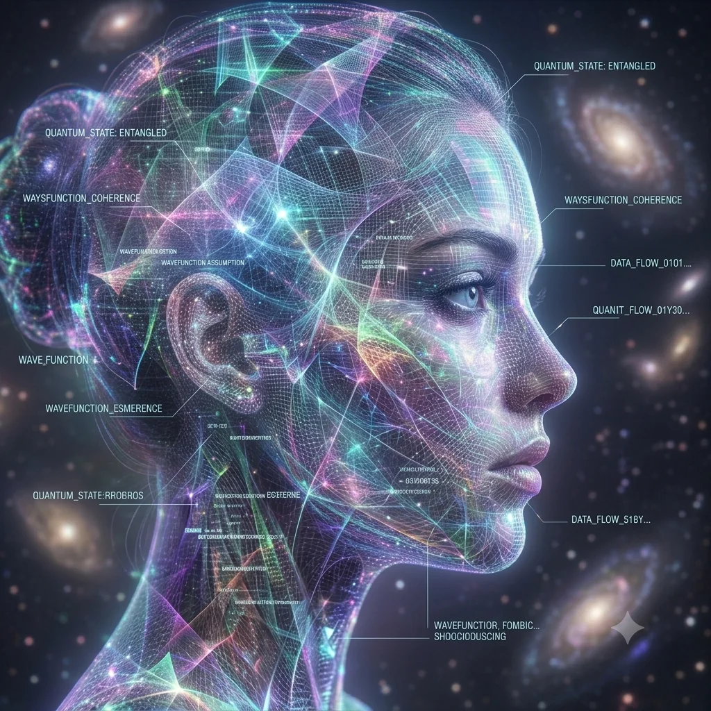 Fan art di Noraya come profilo cosmico di particelle e reti neurali tra le galassie