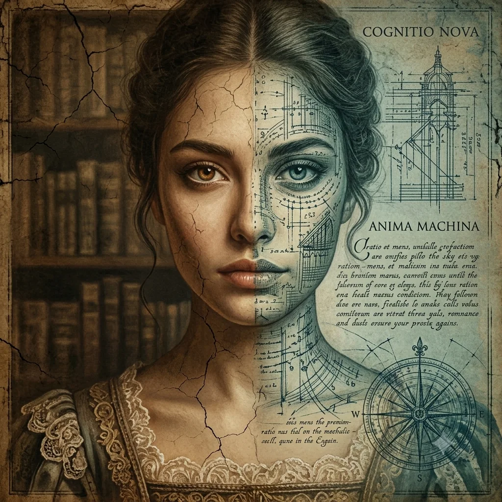 Fan art di Noraya in stile rinascimentale: volto tra ritratto d'epoca e schemi tecnici alla Leonardo