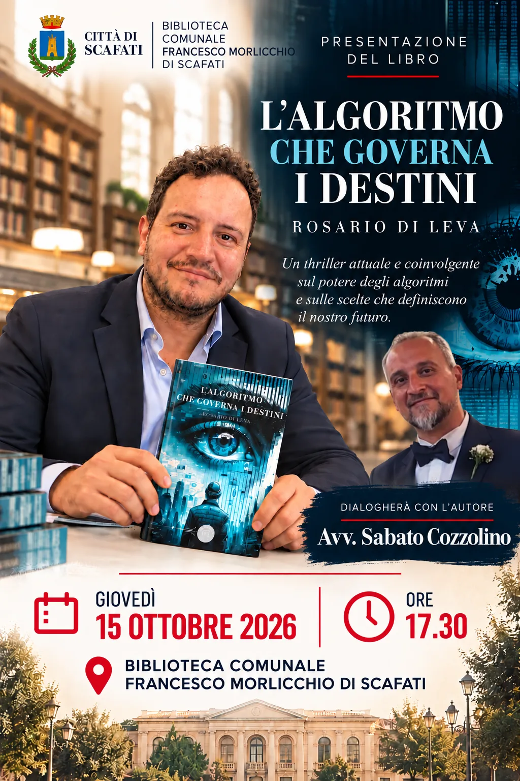 Locandina: Rosario Di Leva presenta L'algoritmo che governa i destini alla Biblioteca comunale Francesco Morlicchio di Scafati, giovedì 15 ottobre 2026 alle 17:30, in dialogo con l'avvocato Sabato Cozzolino