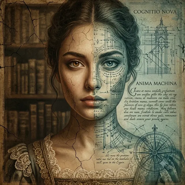 Fan art di Noraya in stile rinascimentale: volto tra ritratto d'epoca e schemi tecnici alla Leonardo